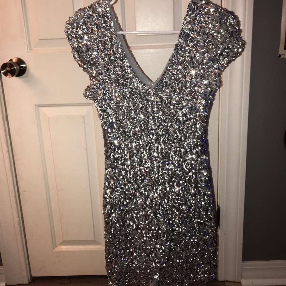 Silver Sparkly Low Cut Dress